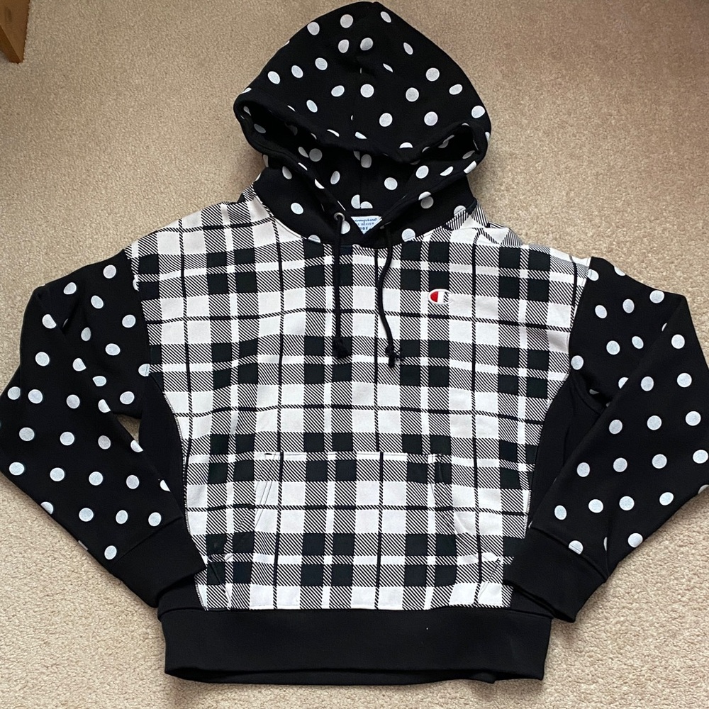 NWOT Champion Black and White Polka Dot Plaid Hoodie